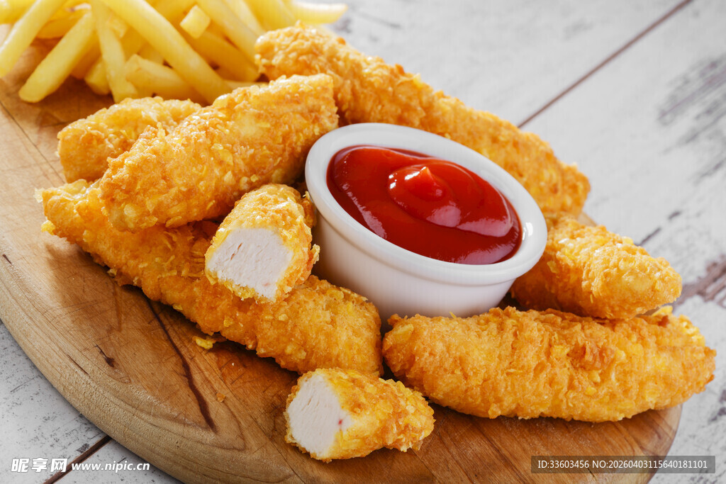 香脆炸鸡块配薯条与番茄酱