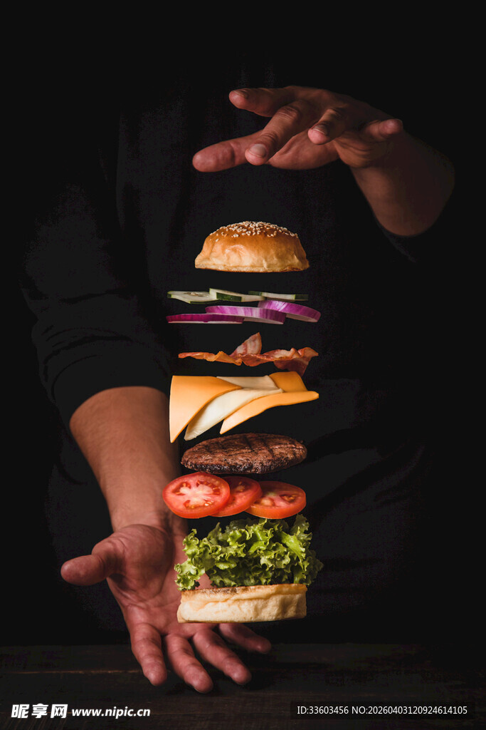 创意悬浮汉堡美食展示