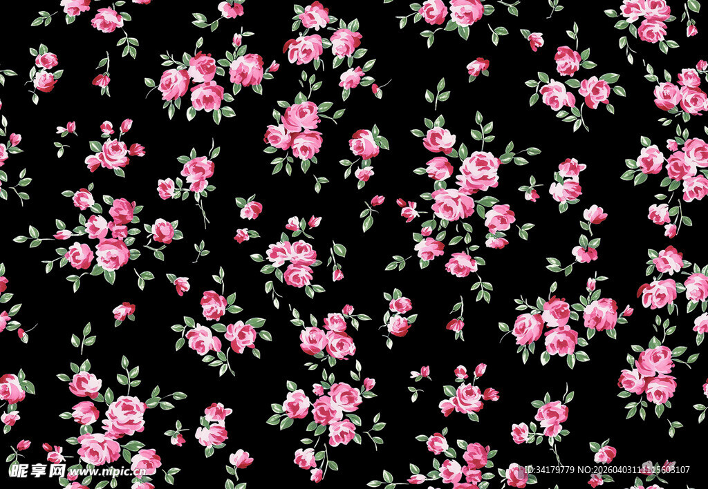 黑色底粉色花朵碎花图案