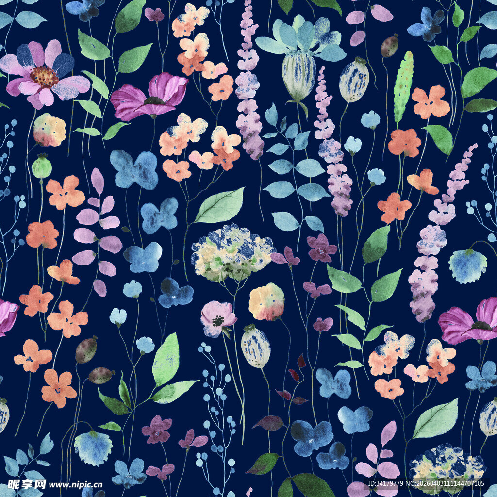 深蓝色底多彩花卉图案