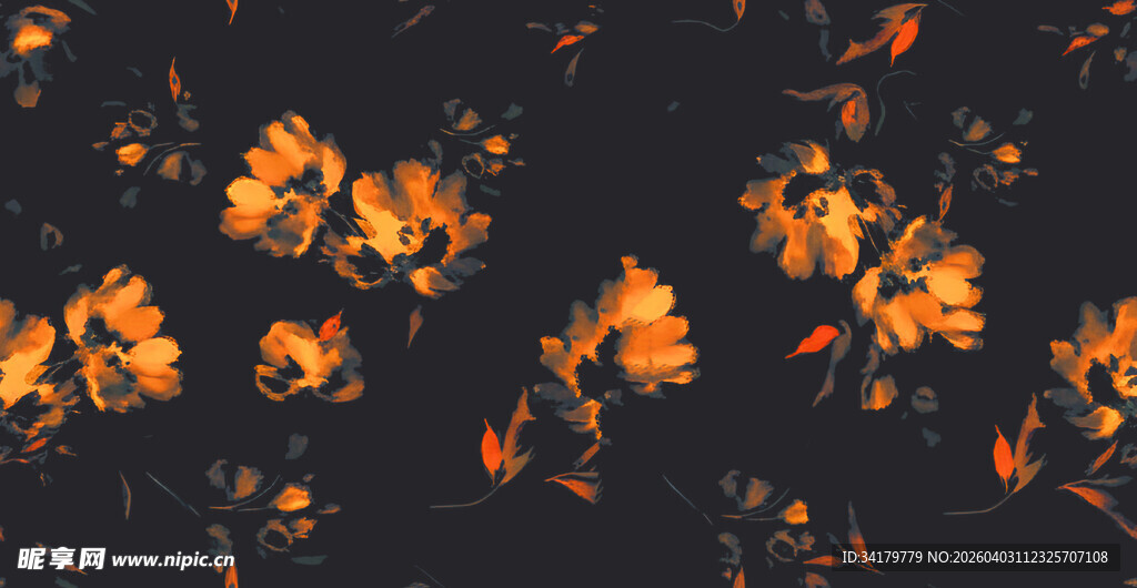 黑色背景上的橙色花卉图案