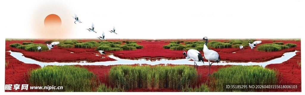 红日下的红草地与飞鸟