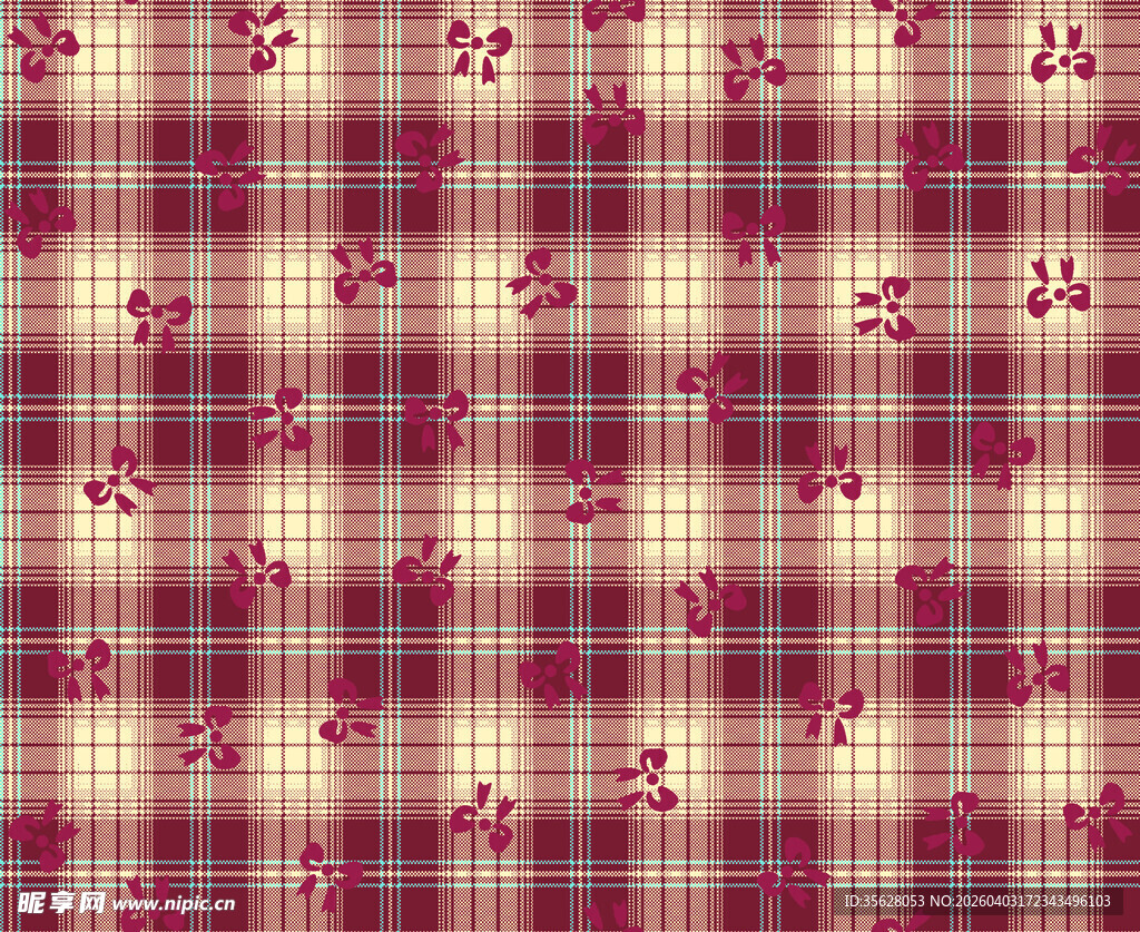 格子底纹上的粉色花卉图案