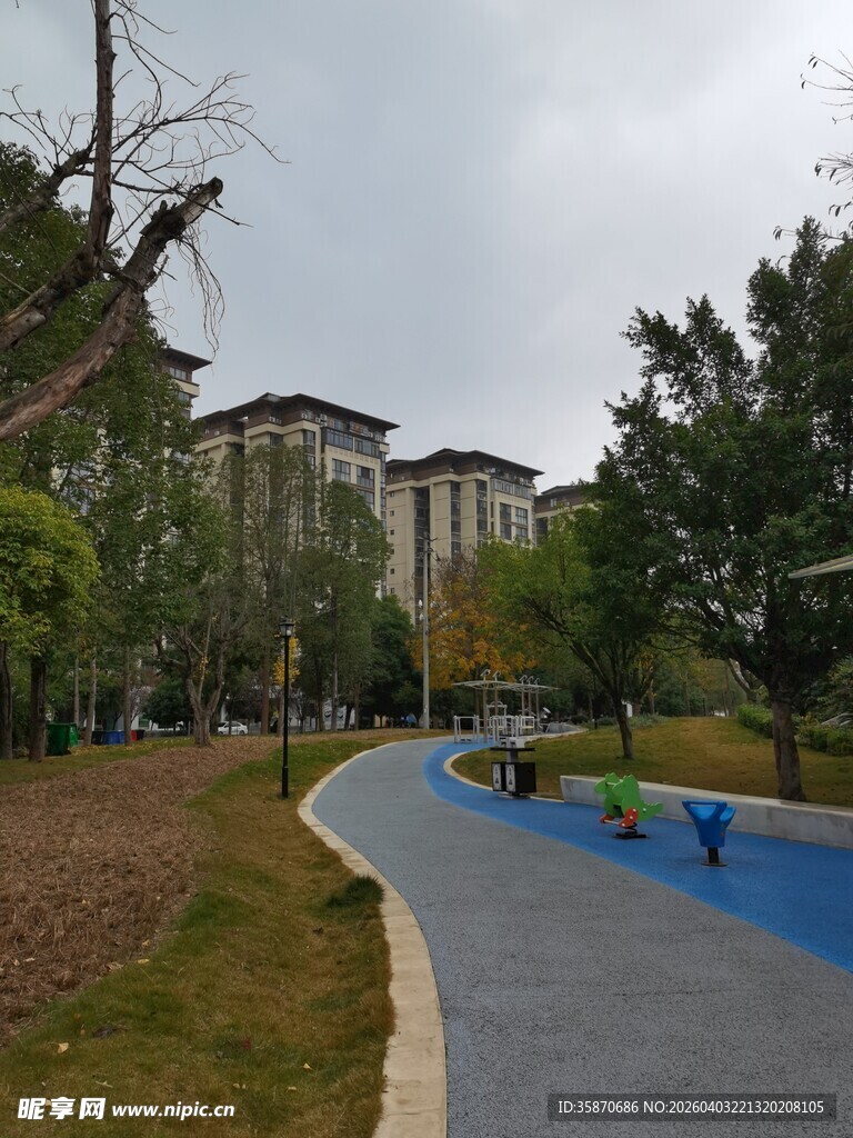 公园中的蜿蜒步道与建筑