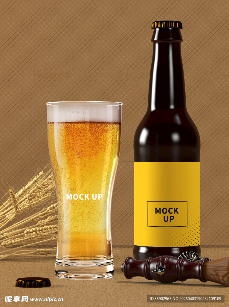 精酿啤酒与麦穗搭配展示