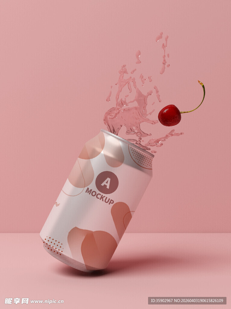 罐装桃味饮品溅出樱桃