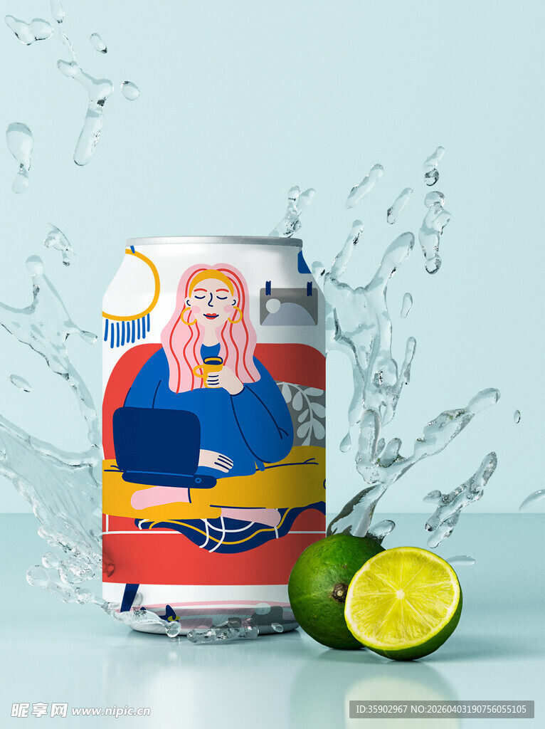 多彩罐装饮料配新鲜青柠