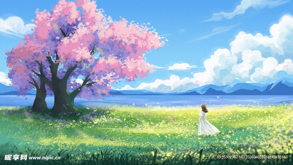 樱花下的田园梦幻场景