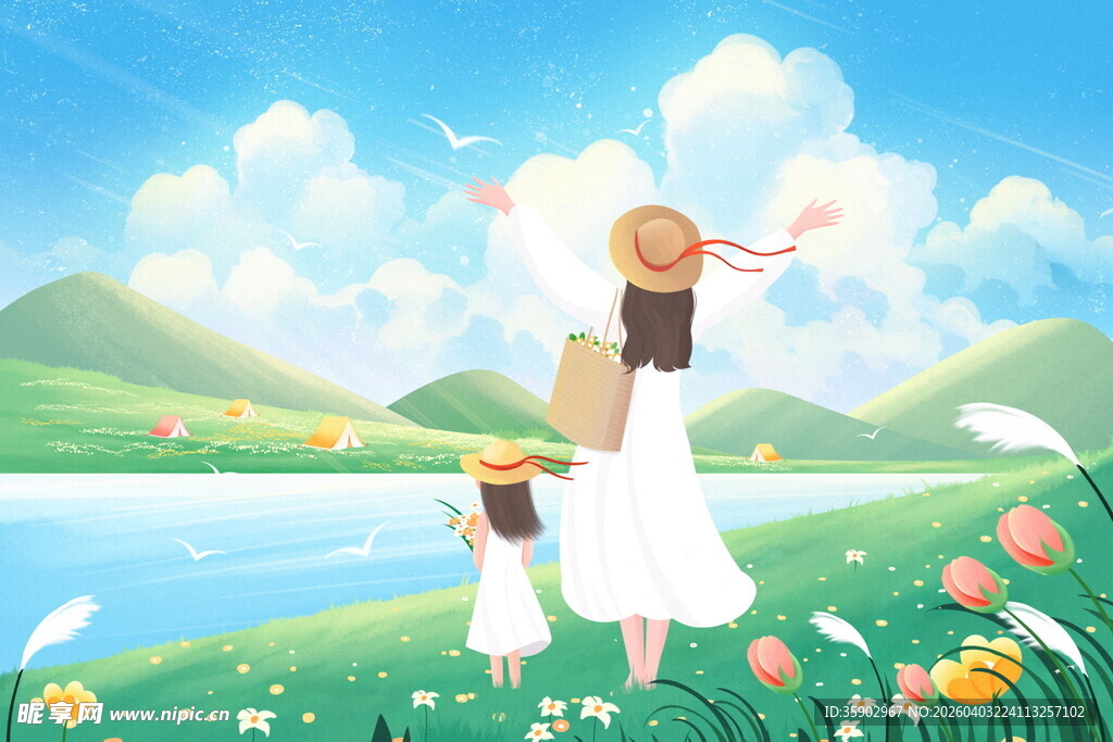 母女漫步花海享受美好时光