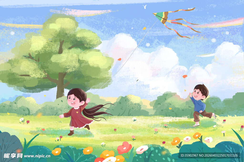 儿童草地放风筝欢乐场景