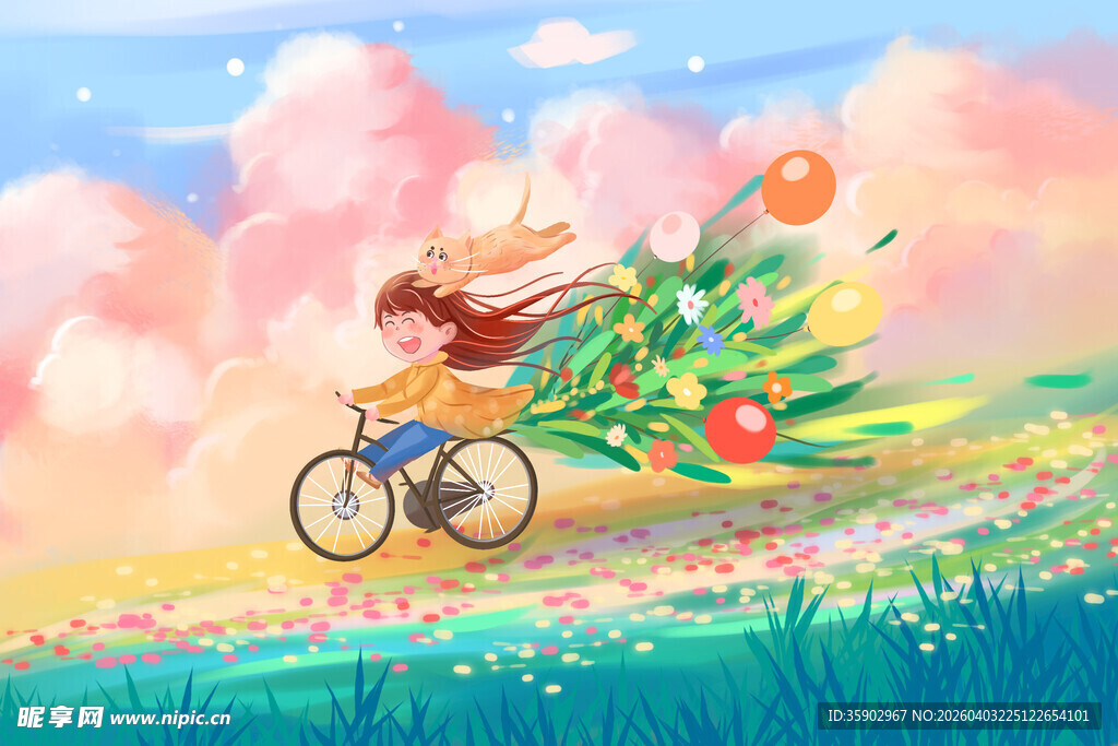 女孩骑车穿梭于梦幻花田