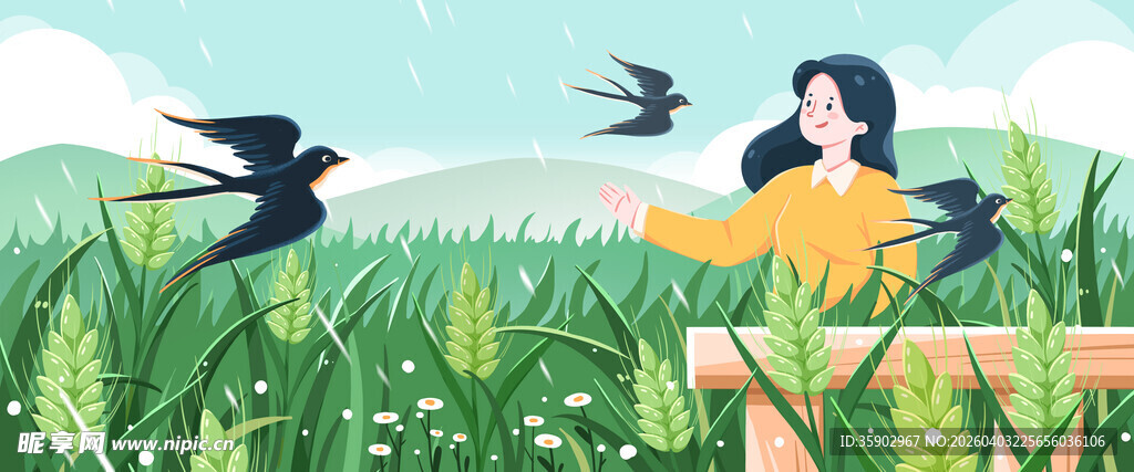 女孩于绿野间与飞鸟相伴