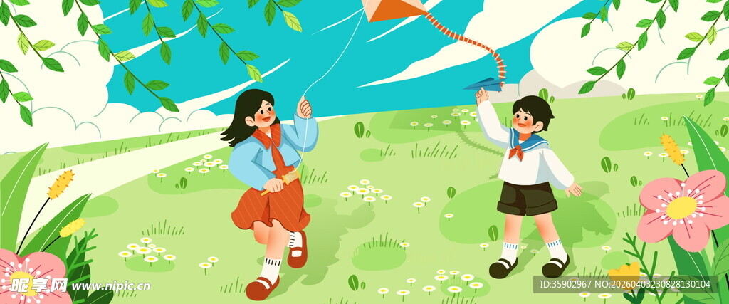 儿童在草地快乐玩耍