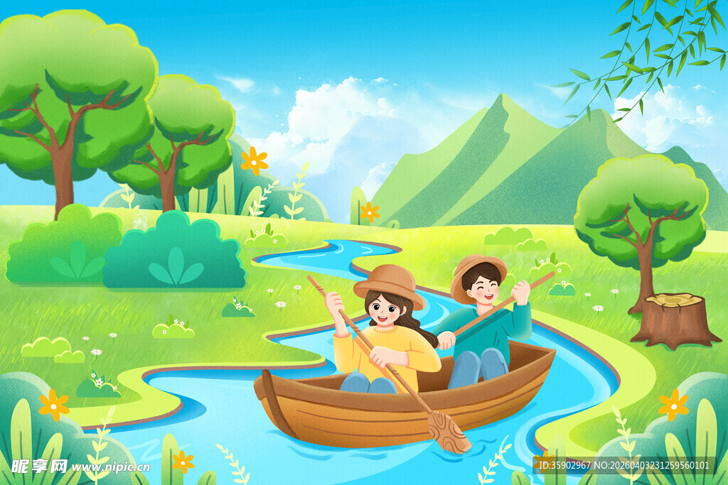 儿童泛舟于美丽自然间