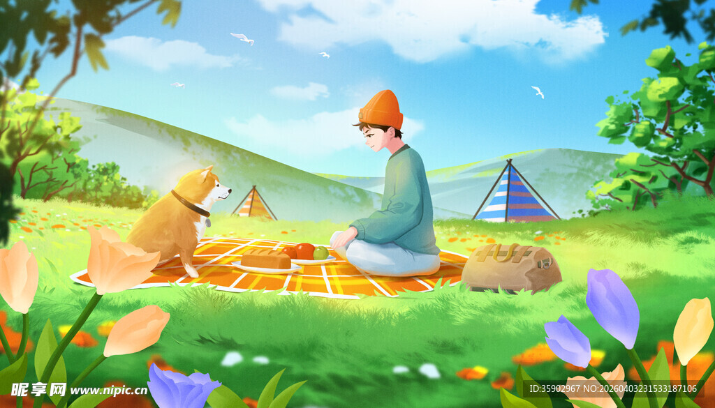 户外野餐的温馨动物场景