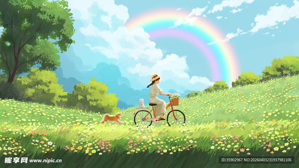 彩虹下骑行的女孩与小狗