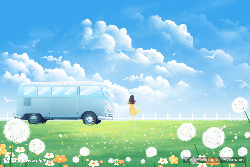 梦幻草地旁等候的蓝色巴士