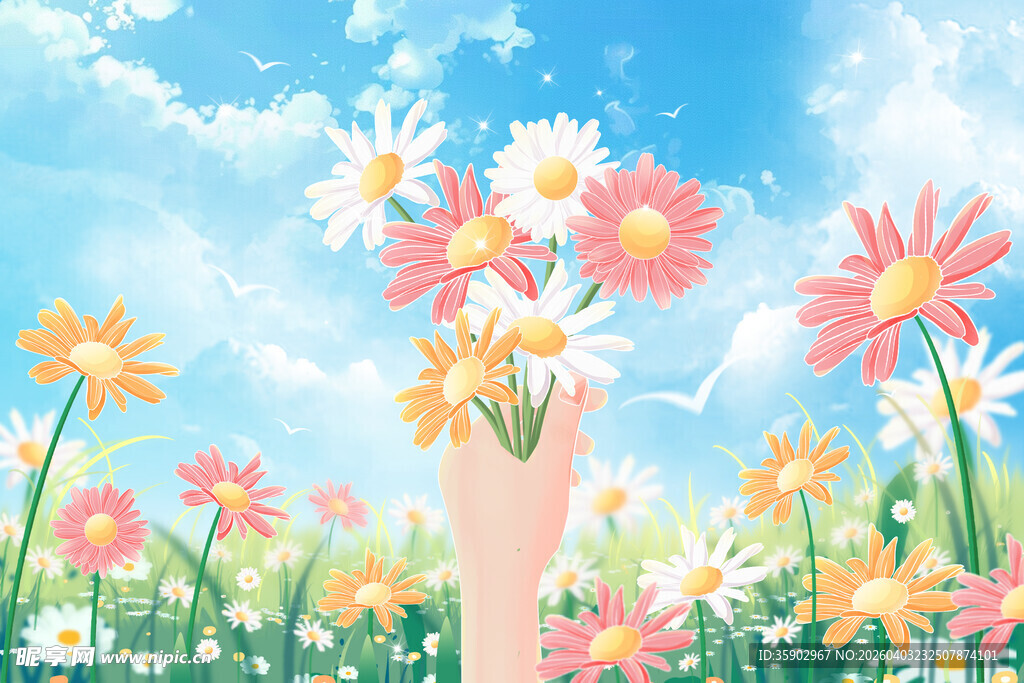 手捧繁花于烂漫花海中