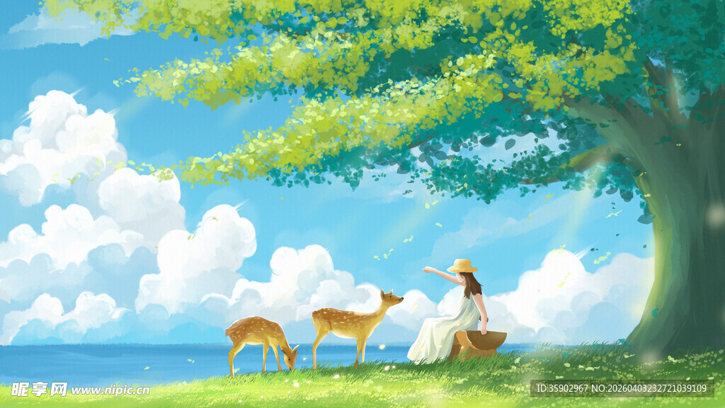 树下女孩与小鹿的惬意时光
