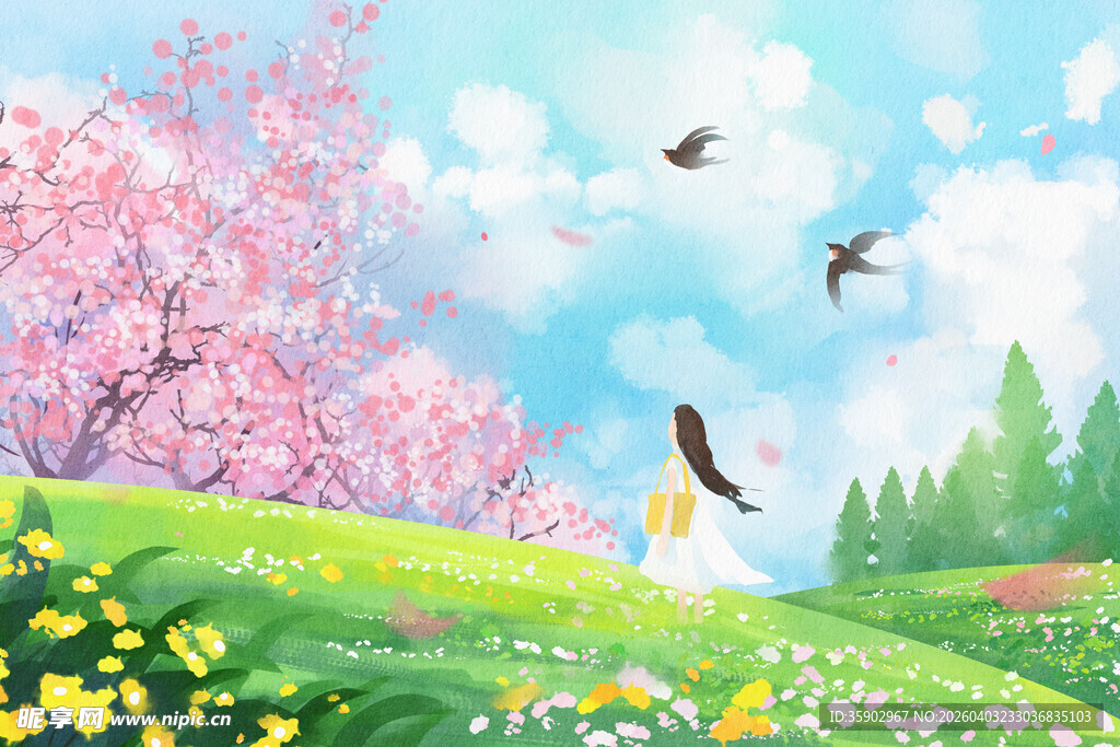 春日花海中的漫步少女