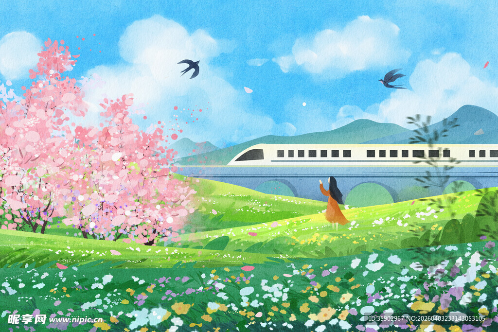 春日田野旁的高铁与佳人