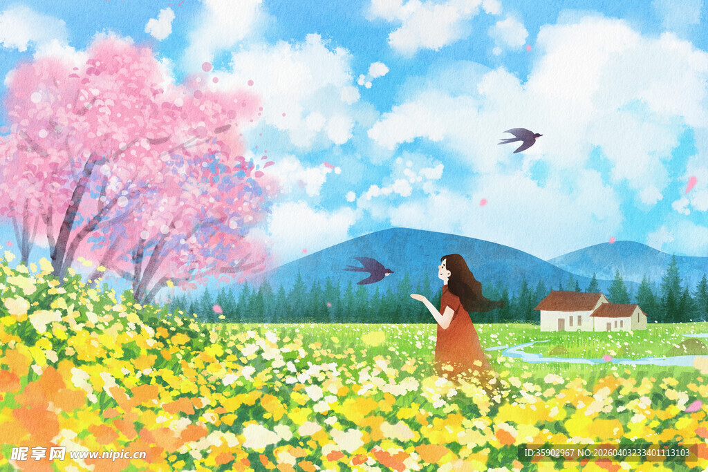 春日花海中的女孩与风筝