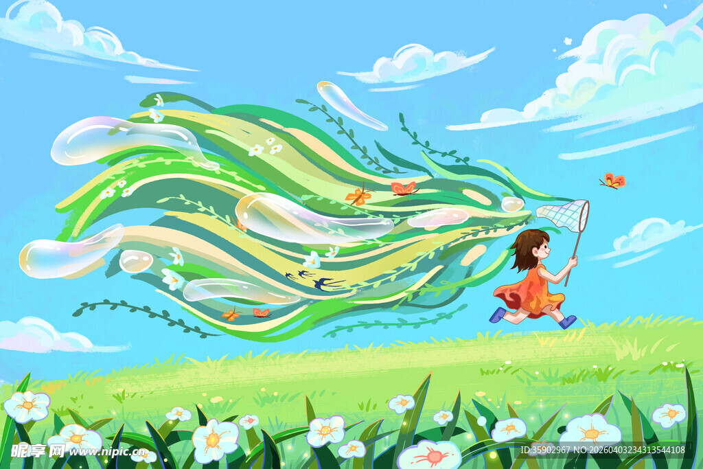 女孩在草地放飞多彩风筝