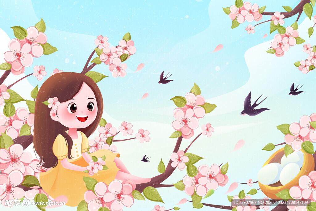 女孩与猫咪共赏烂漫春花