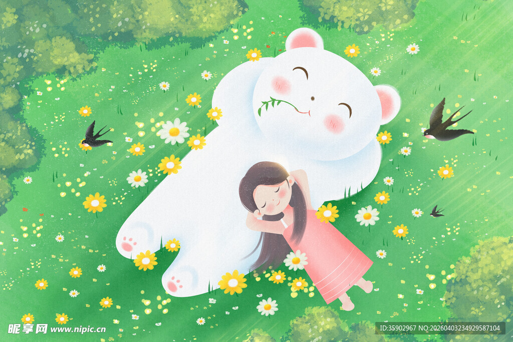 女孩依偎大白熊惬意休憩