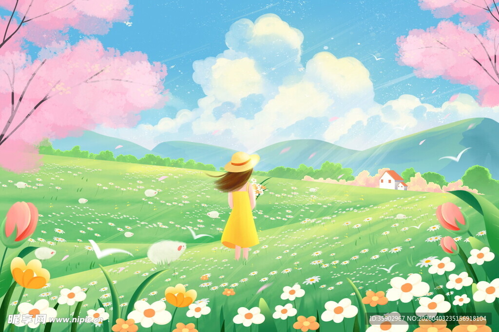 漫步春日花海的女孩