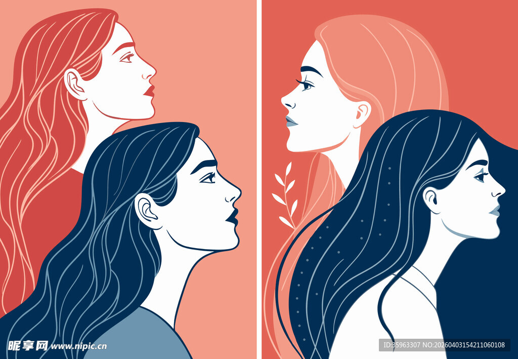 女性侧面群像插画