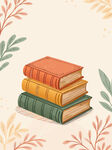 堆叠的多彩书籍与绿植