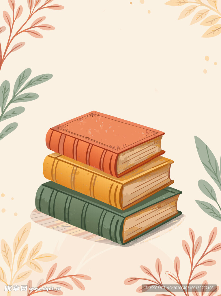 堆叠的多彩书籍与绿植