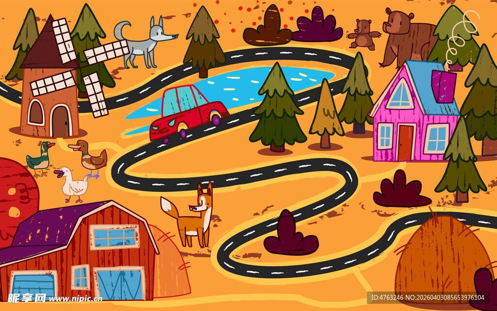 卡通风格的乡村火车场景