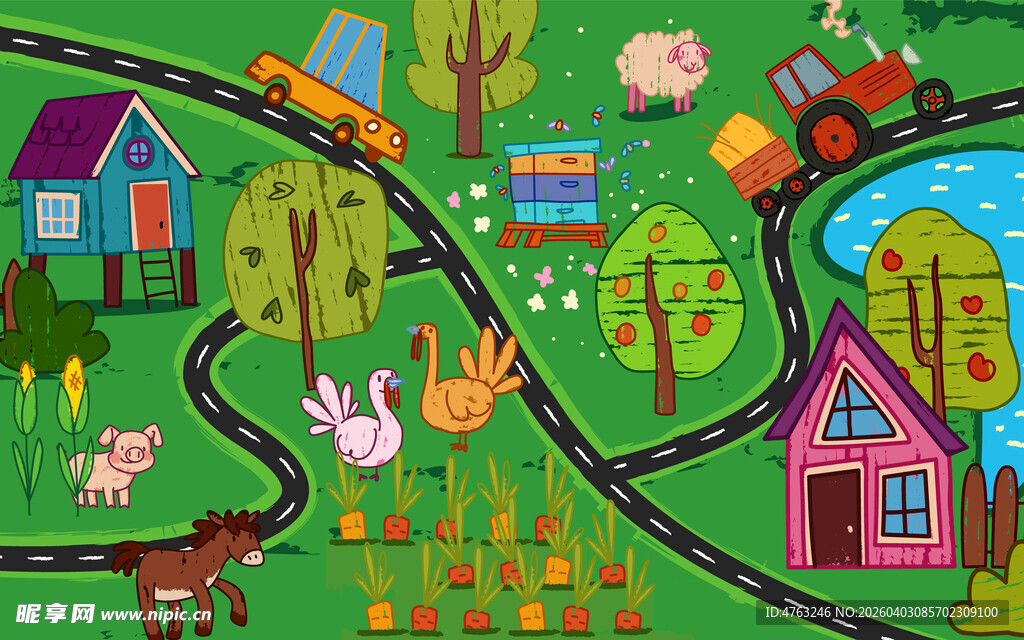 田园风卡通乡村风景插画