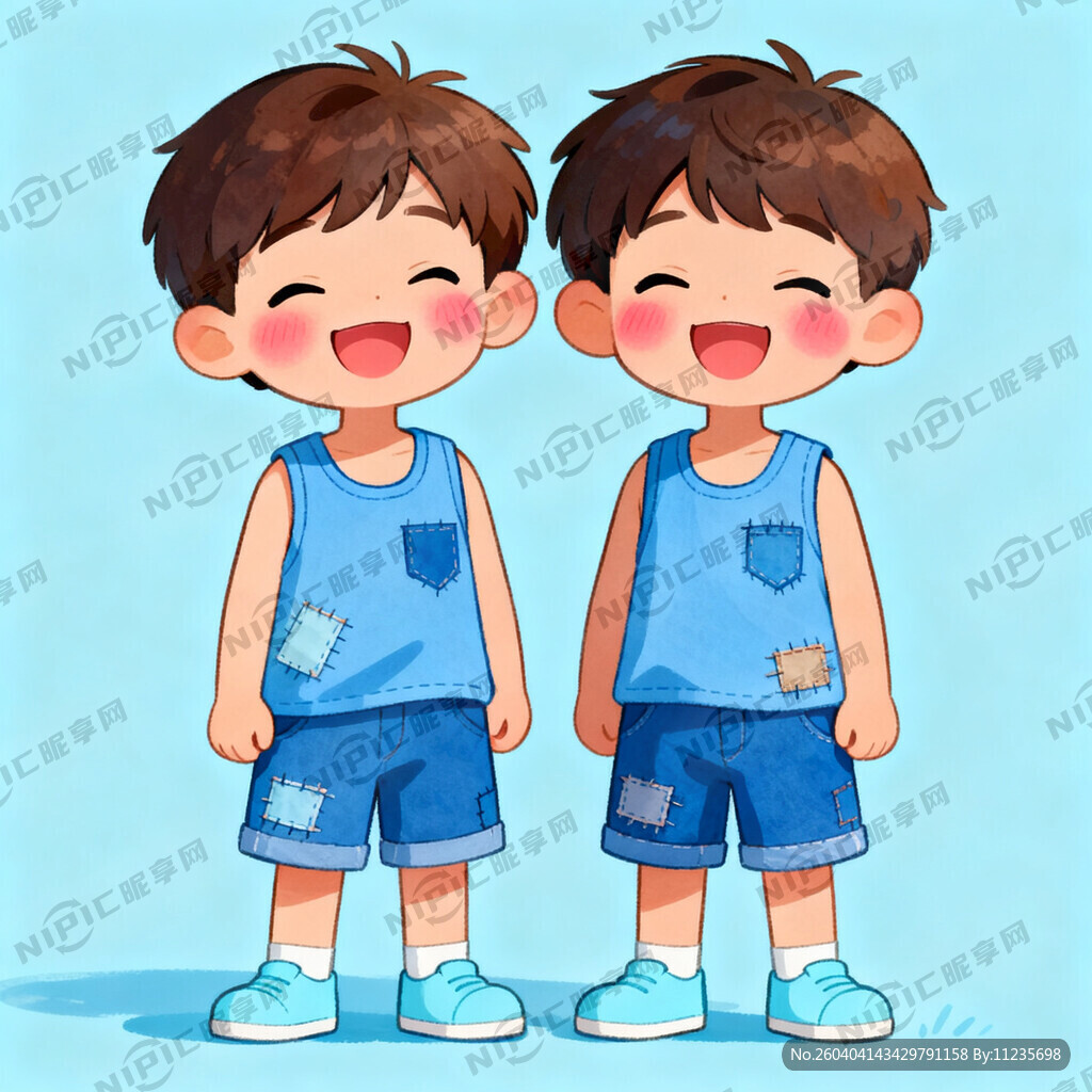 两人穿着同款蓝色无袖背心带补丁