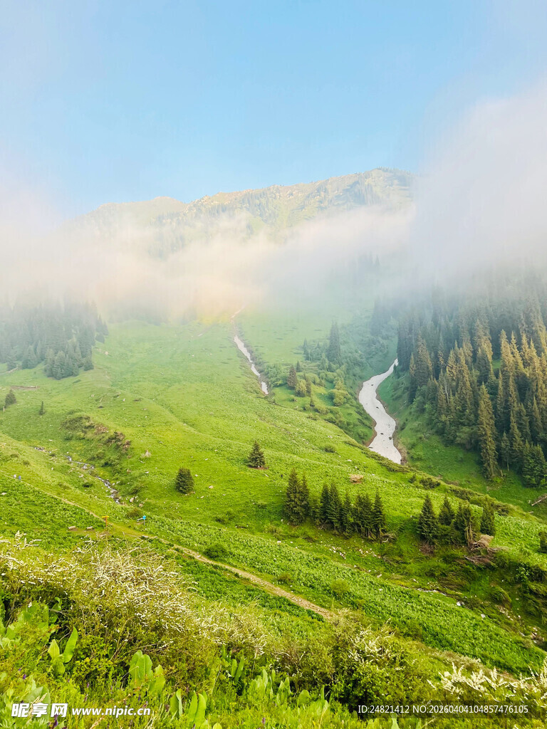 山间绿野云雾缭绕美景