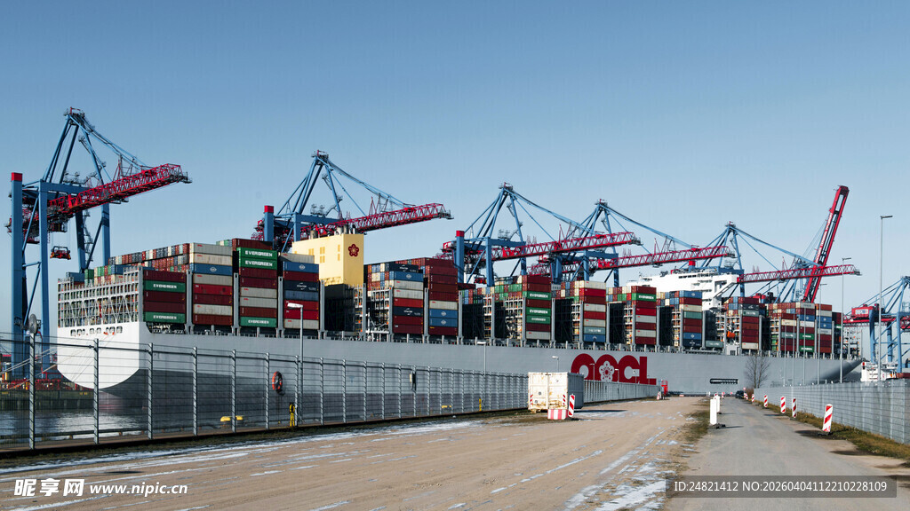 繁忙港口的大型起重机作业