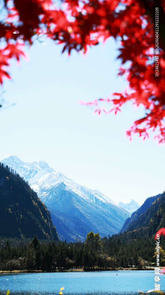 红叶映湖与远山美景