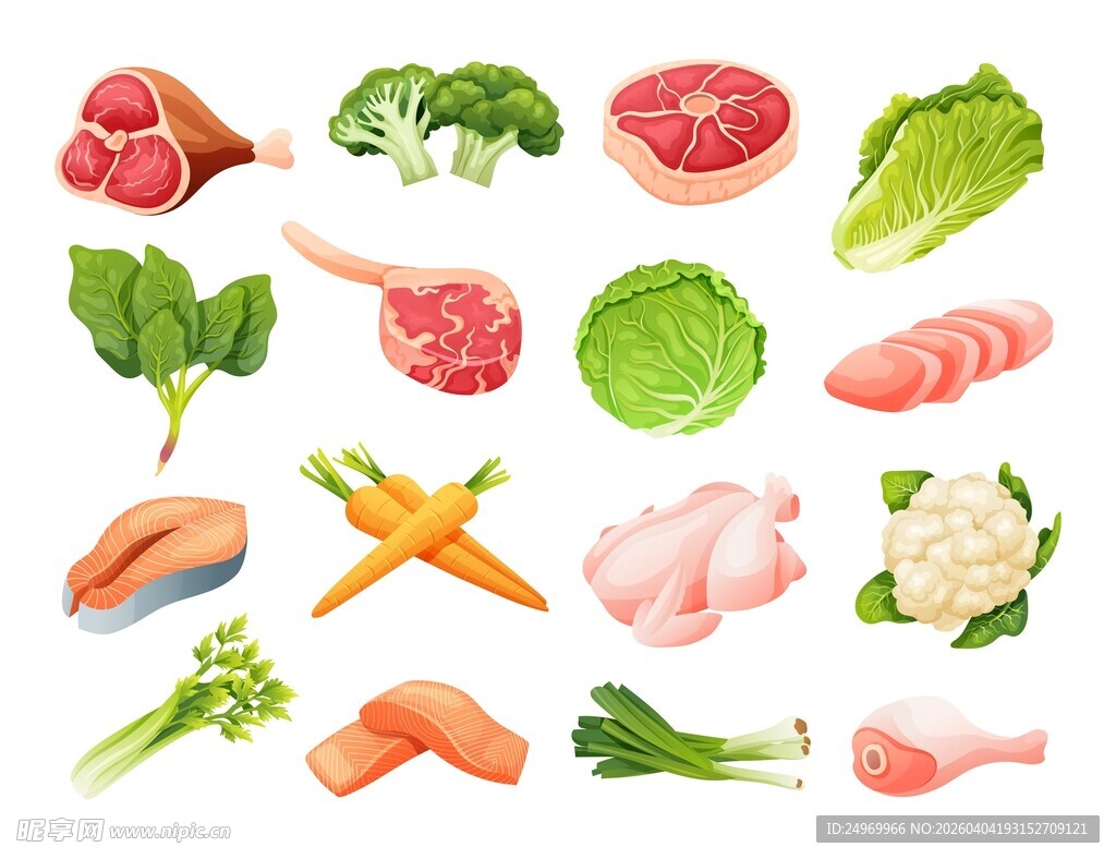 新鲜多样的肉类与蔬菜