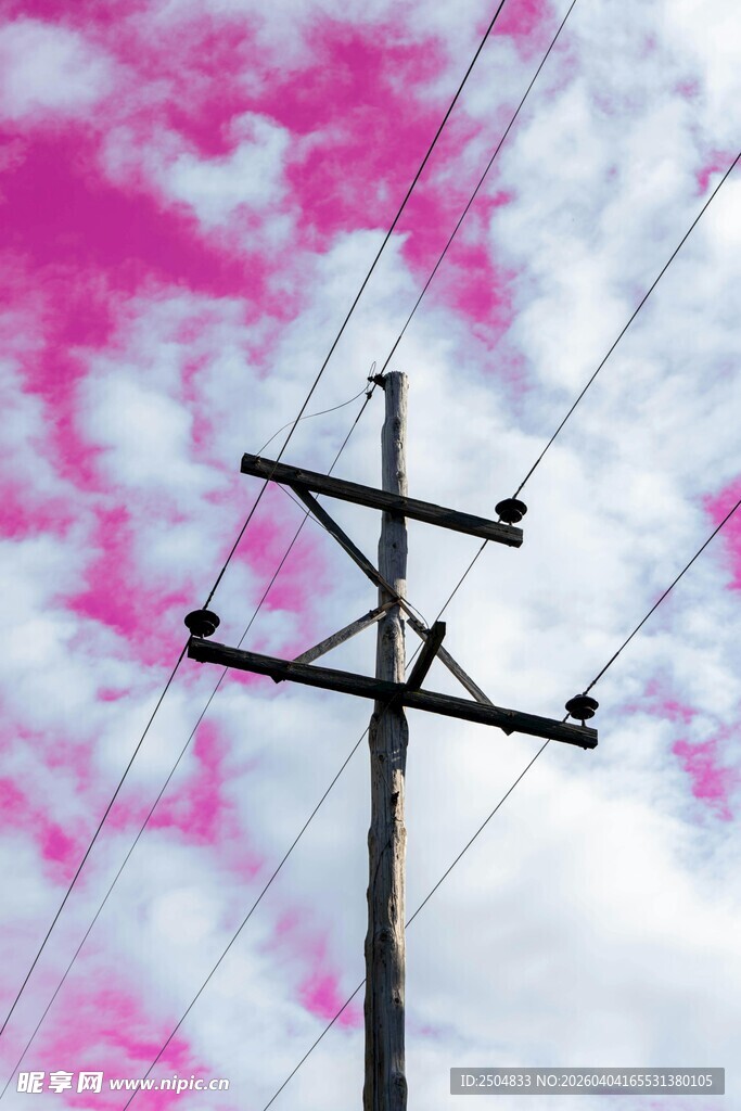 粉色天空下的电线杆