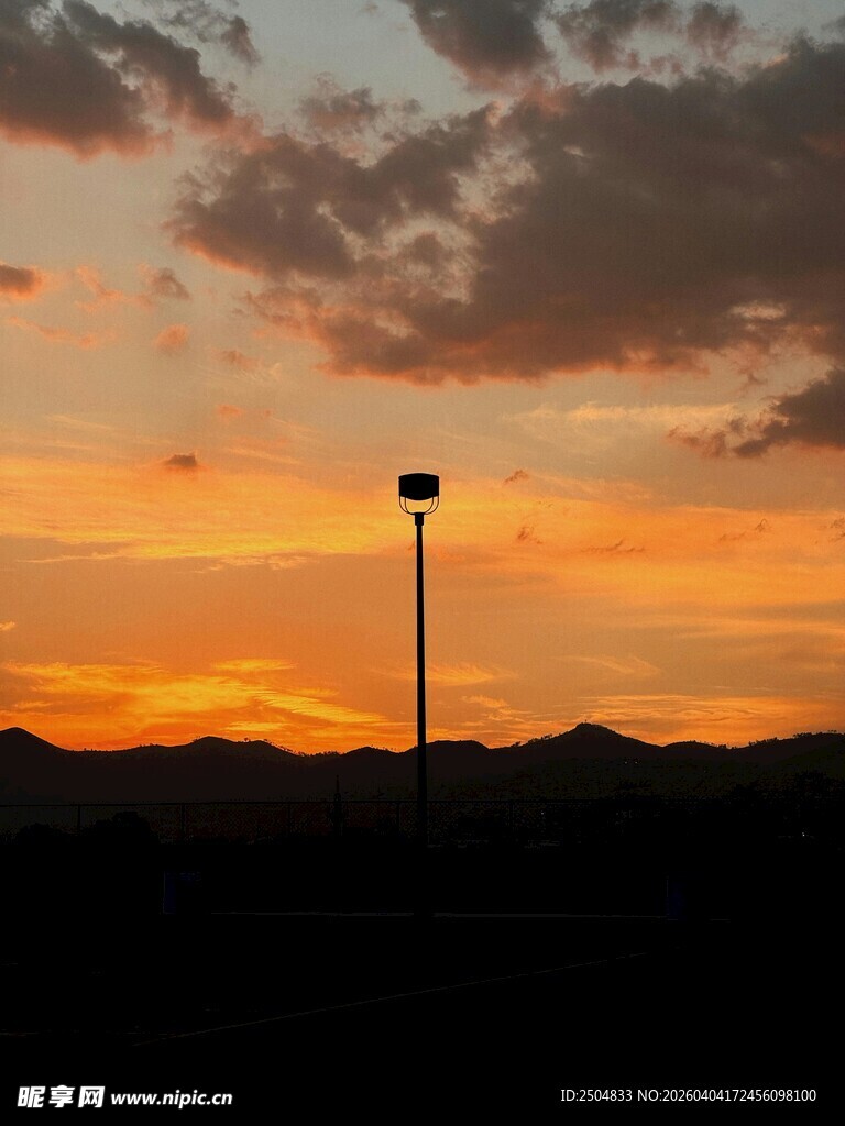 日落时分的路灯剪影