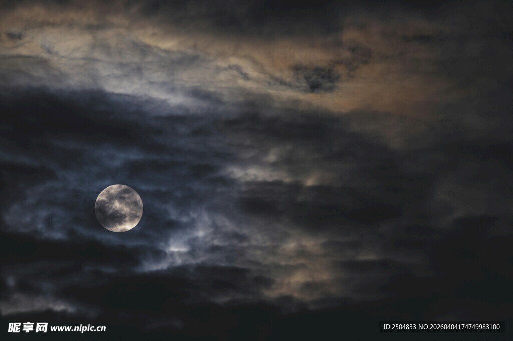 夜空中朦胧的月亮与云层