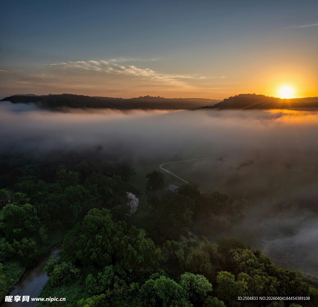 日出云海间的森林美景