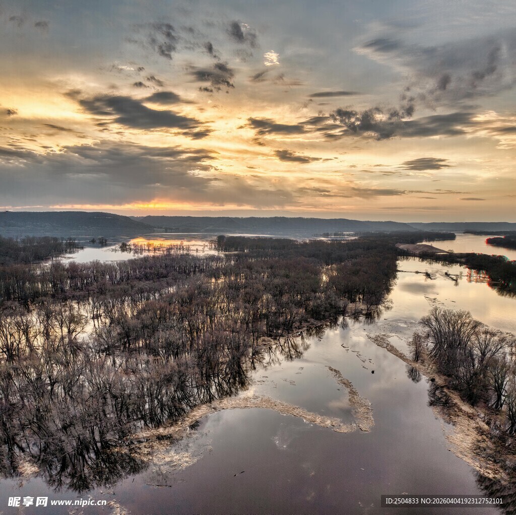 黄昏下泛着水光的湿地景观