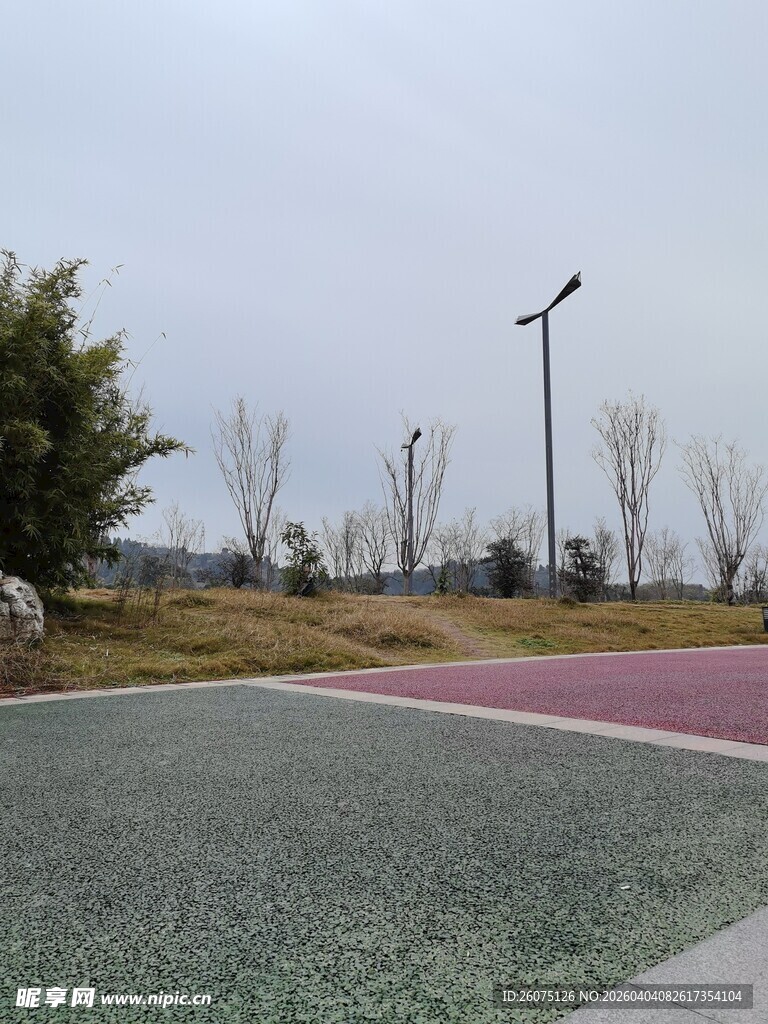 户外彩色步道与景观路灯