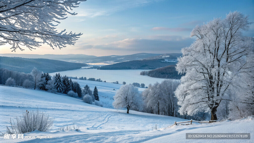 冬日雪景中的银白树林