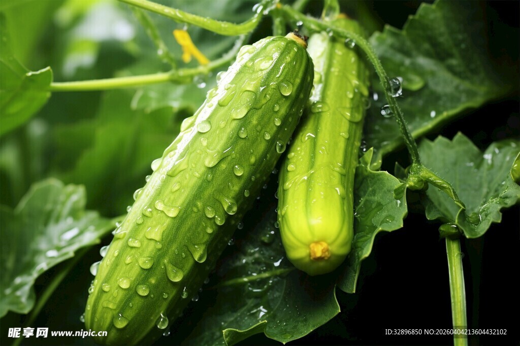 鲜嫩带露的田间小黄瓜