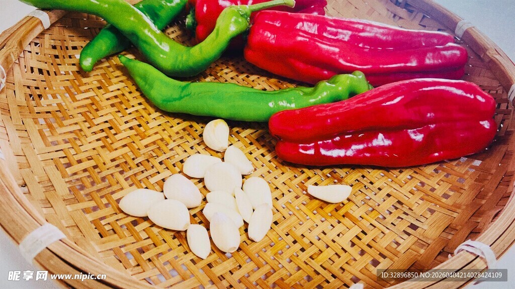 竹编盘上的辣椒与蒜瓣