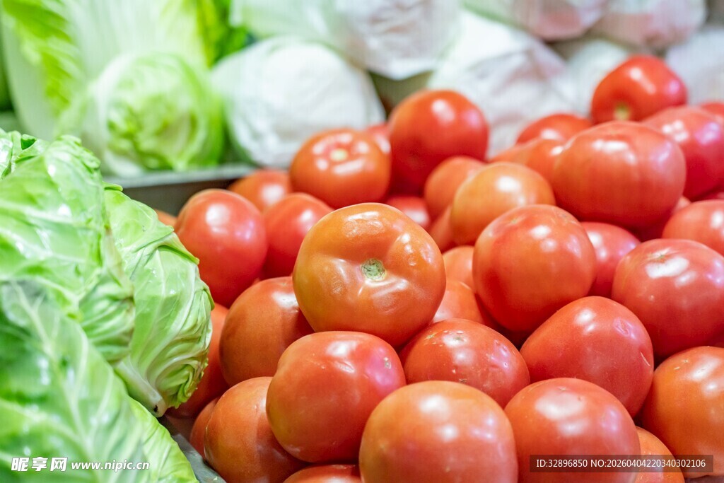 新鲜西红柿与生菜陈列